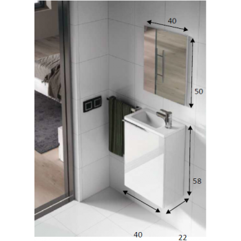 Composizione bagno da 40 cm colore Bianco laccato con mobile bagno sospeso, specchio e lavabo