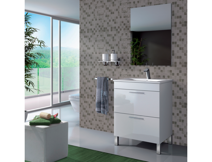 Badezimmerschrank auf dem boden 60 cm glänzend weiß mit spiegel