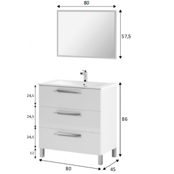 Badezimmerschrank auf dem boden 80 cm Glänzend weiß mit spiegel
