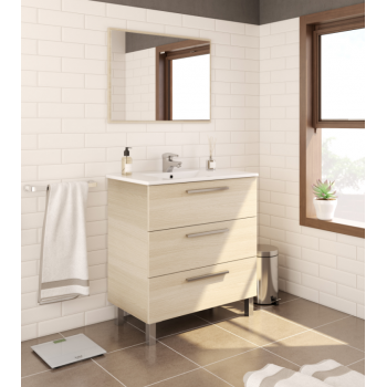 Mobile bagno 3 cassetti a terra 80 cm Rovere chiaro con specchio