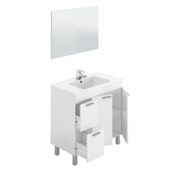 Badezimmerschrank 3 Schubladen auf dem boden 80 cm Glänzend weiß mit spiegel