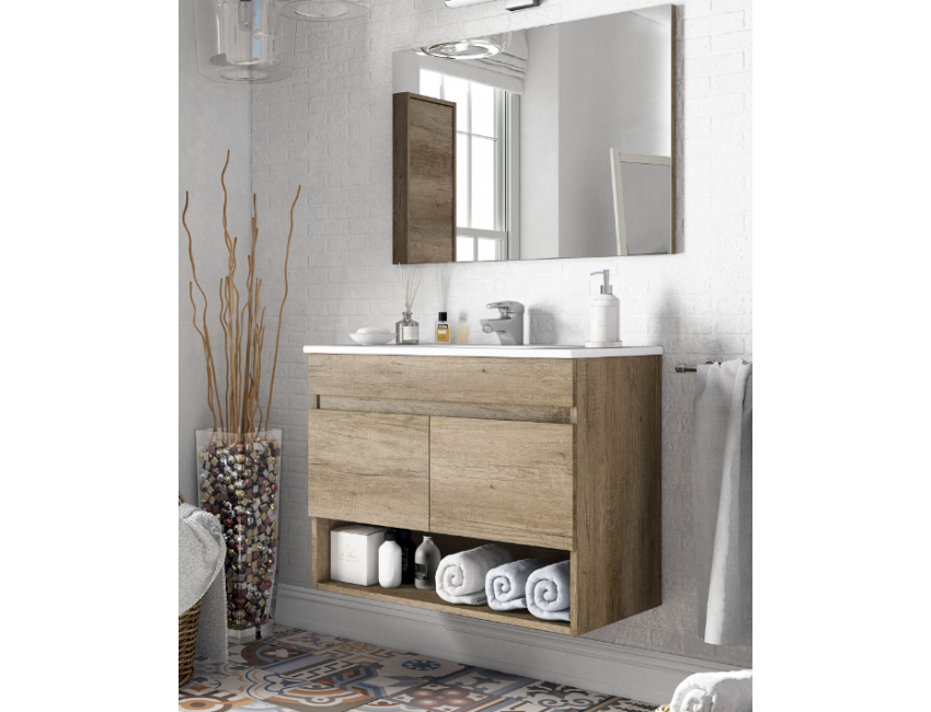 Composizione bagno Cotton da 80 cm con mobile sospeso colore Nordik, specchio e lavabo