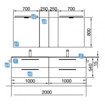 Mobile bagno sospeso 200 cm bianco lucido con specchio