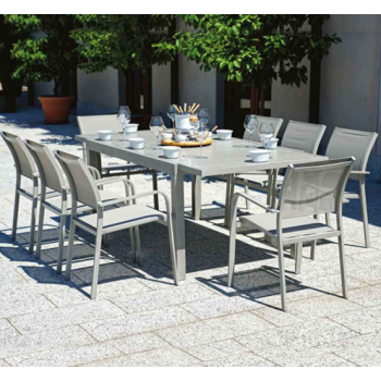 Tisch Cortina ausziehbar 165x100 cm aus satiniertem Aluminium und Teakholz