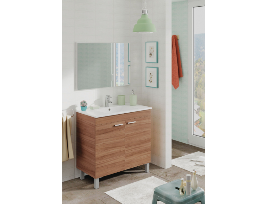 Mobile bagno a terra 80 cm Noce con specchio