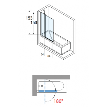 Novellini parete sopravasca Kuadra 3V con un'anta fissa ed una girevole a 180°