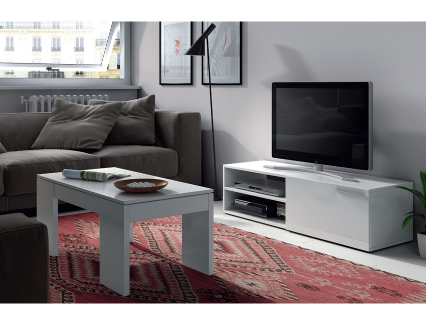 Mobile soggiorno porta Tv Kikua 130 cm Bianco Lucido con un'anta ed uno scaffale