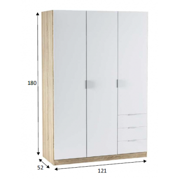 Armadio 180 cm Bianco artik e Rovere chiaro con tre ante e tre cassetti