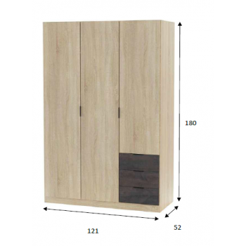 Armadio 180 cm Rovere chiaro e Ossido con tre ante e tre cassetti