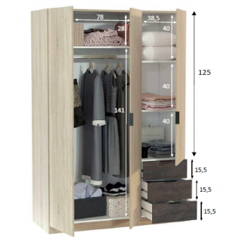 Armadio 180 cm Rovere chiaro e Ossido con tre ante e tre cassetti