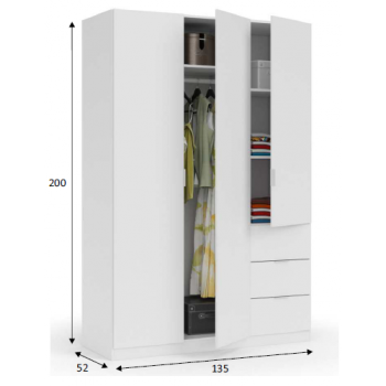 Armadio 200 cm Bianco opaco con tre ante e tre cassetti