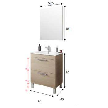Mobile bagno a terra 60 cm Rovere chiaro con specchio