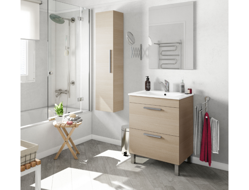Mobile bagno a terra 60 cm Rovere chiaro con specchio
