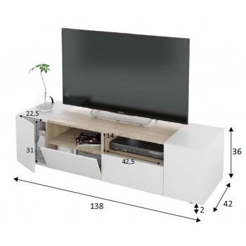 Mobile soggiorno porta Tv Kioto 130 cm Bianco artik e Rovere canadian con due ante