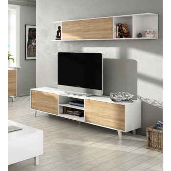 Mobile soggiorno Zaiken Plus 180 cm Bianco lucido e Rovere canadian set a parete porta TV