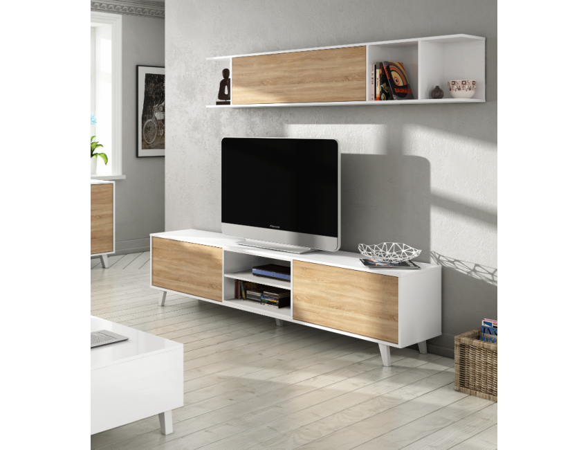 Mobile soggiorno Zaiken Plus 180 cm Bianco lucido e Rovere canadian set a parete porta TV