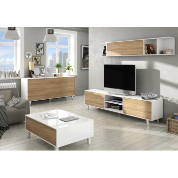 Mobile soggiorno Zaiken Plus 180 cm Bianco lucido e Rovere canadian set a parete porta TV