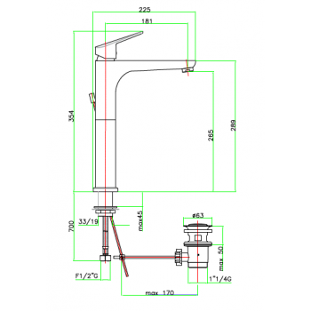 Miscelatore lavabo con bocca lunga e scarico automatico Fiore Kyro 86CR8126