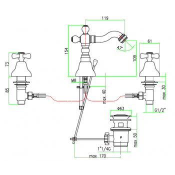 Batteria Bidet tre fori con scarico automatico Fiore Margot 26CR0647