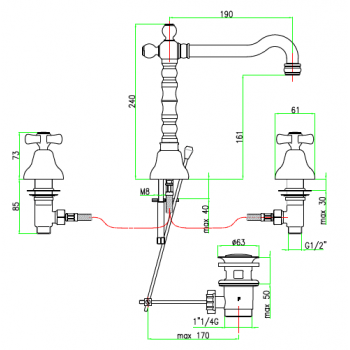 Batteria lavabo tre fori con scarico automatico Fiore Margot 26CR0637
