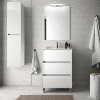Mobile bagno 60 cm in legno Bianco lucido con lavabo in porcellana