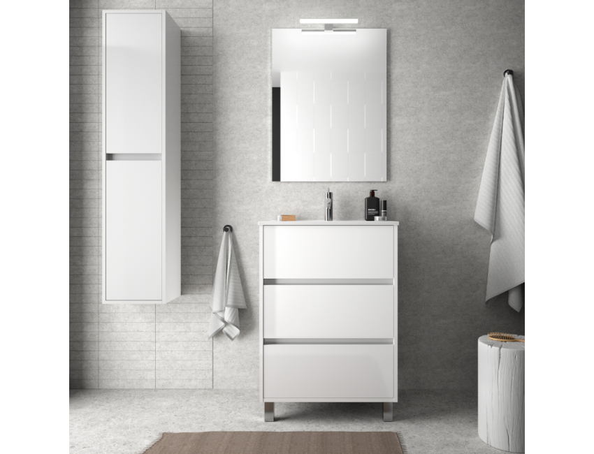 Mobile bagno 60 cm in legno Bianco lucido con lavabo in porcellana