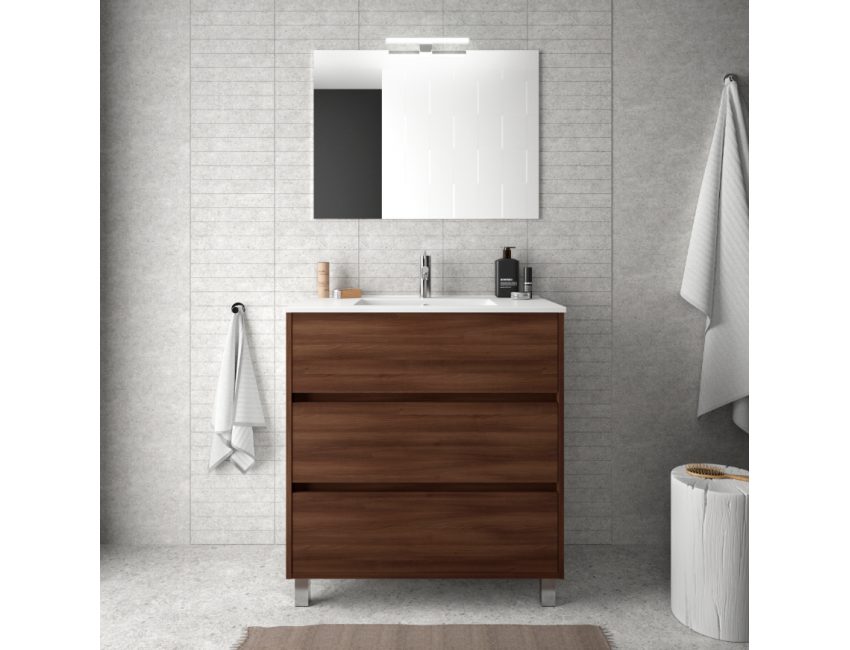 Mobile bagno a terra 80 cm in legno marrone Acacia con lavabo in porcellana