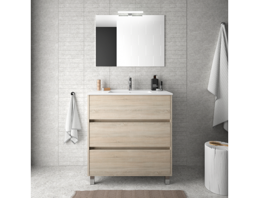 Mobile bagno a terra 80 cm in legno marrone Caledonia con lavabo in porcellana