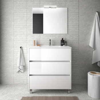 Mobile bagno a terra 80 cm in legno laccato Bianco lucido con lavabo in porcellana