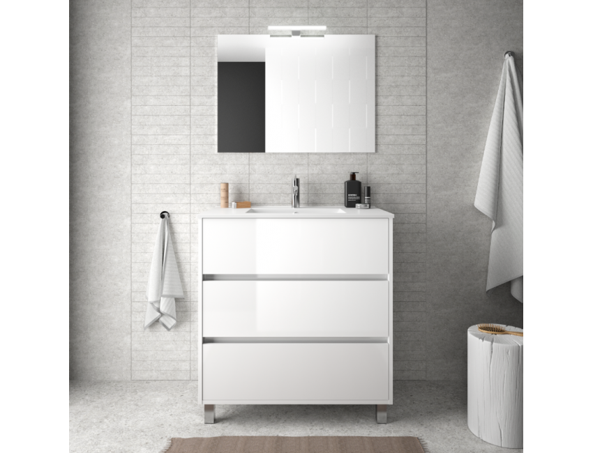 Mobile bagno a terra 80 cm in legno laccato Bianco lucido con lavabo in porcellana