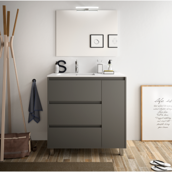Mobile bagno a terra 85 cm in legno grigio opaco con lavabo in porcellana