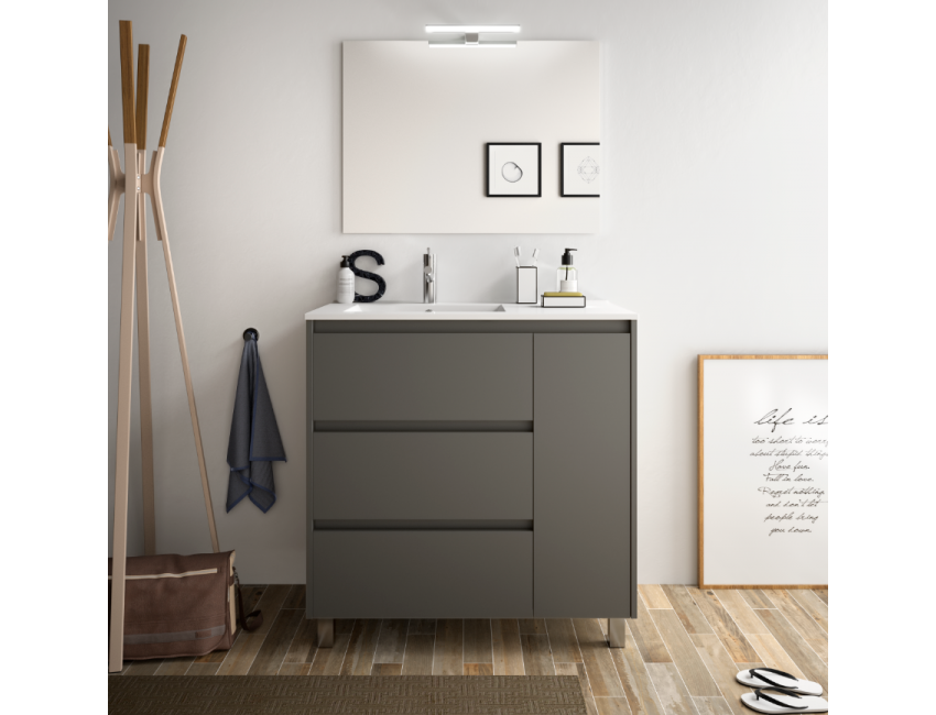 Badezimmer Badmöbel 80 cm in mattgrauem Holz mit porzellan Waschtisch