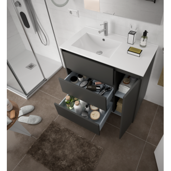 Badezimmer Badmöbel 80 cm in mattgrauem Holz mit porzellan Waschtisch