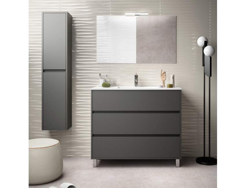 Mobile bagno a terra 100 cm in legno grigio opaco con lavabo in porcellana