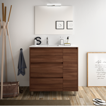 Mobile bagno a terra 85 cm in legno grigio opaco con lavabo in porcellana