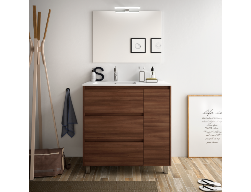 Badezimmer Badmöbel 80 cm in mattgrauem Holz mit porzellan Waschtisch