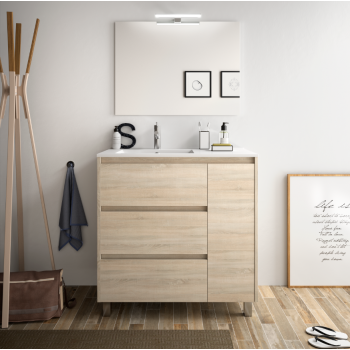 Mobile bagno a terra 85 cm in legno grigio opaco con lavabo in porcellana