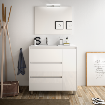 Mobile bagno a terra 85 cm in legno grigio opaco con lavabo in porcellana