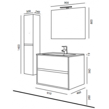 Mobile bagno sospeso 90 cm in legno marrone Caledonia con lavabo in porcellana
