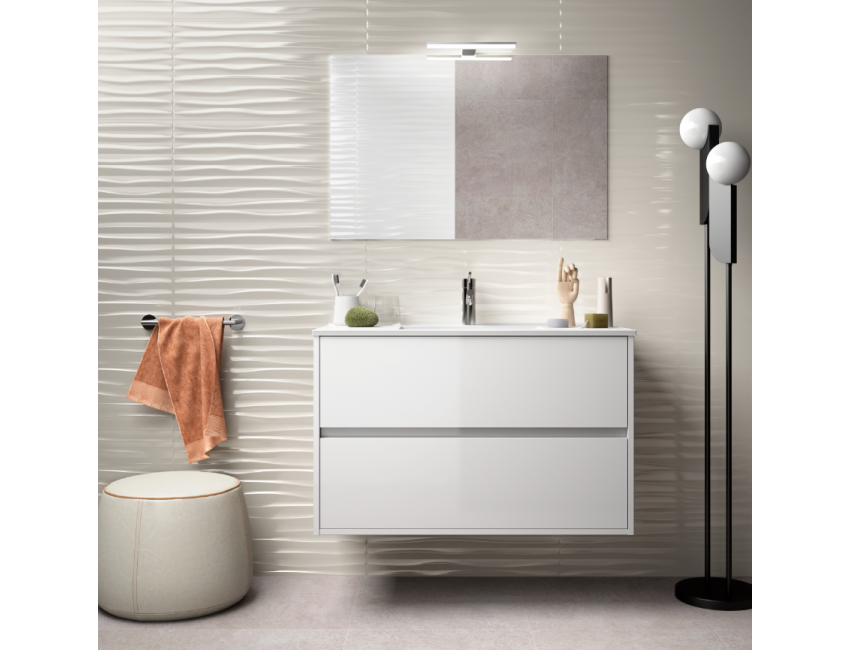 Mobile bagno sospeso 90 cm in legno marrone Caledonia con lavabo in porcellana