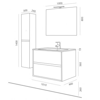 Mobile bagno sospeso 100 cm in legno laccato bianco lucido con lavabo in porcellana