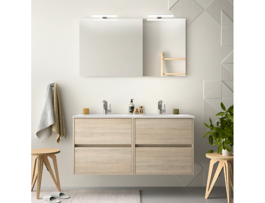 Badezimmer Badmöbel 100 cm aus braunem Holz Caledonia mit Porzellan Waschtisch