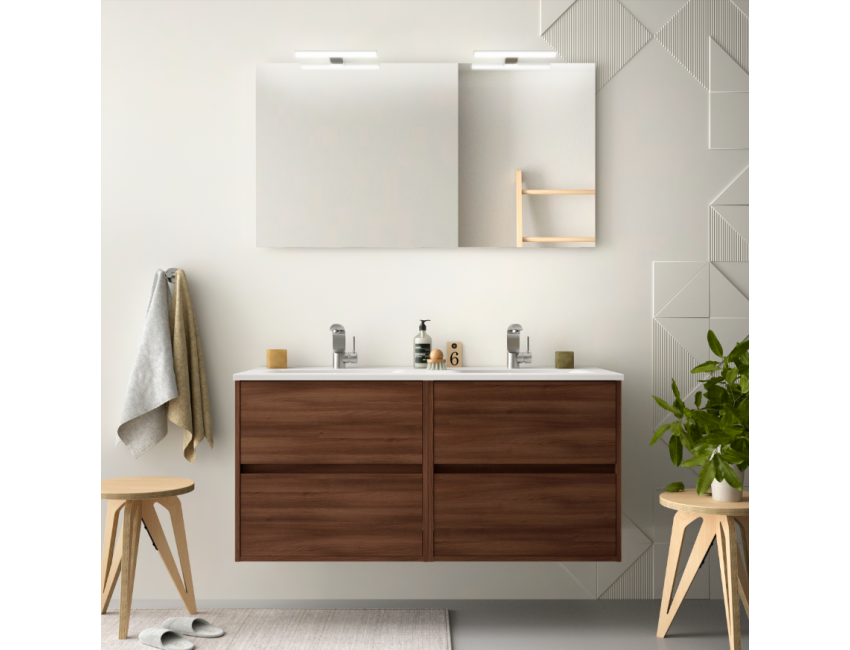 Badezimmer Badmöbel 100 cm aus braunem Holz Caledonia mit Porzellan Waschtisch