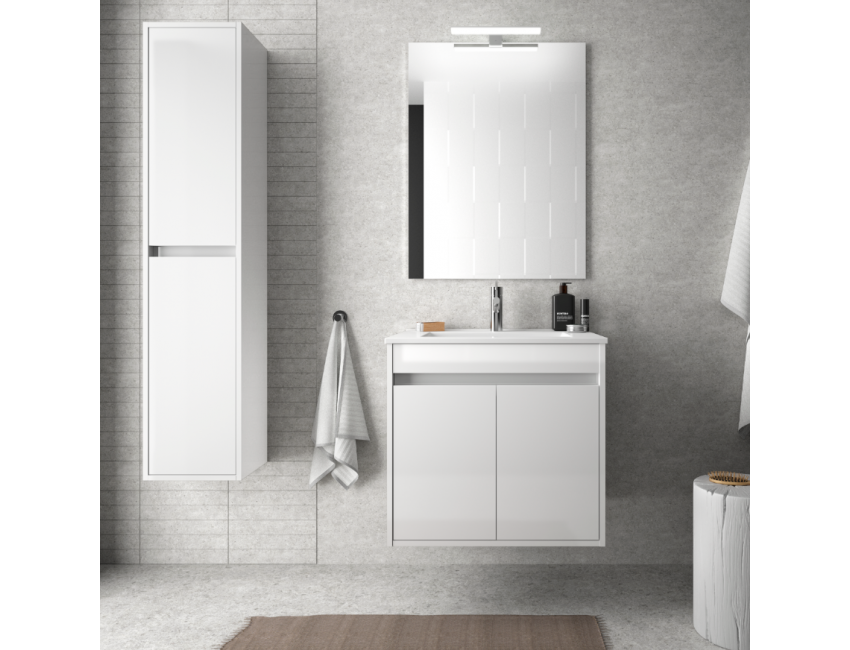 Badezimmer Badmöbel 60 cm aus glänzend weiß lackiertem Holz mit Porzellan Waschtisch