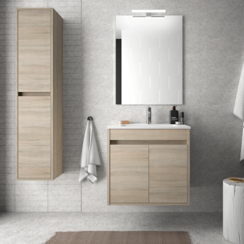 Mobile bagno sospeso 60 cm in legno laccato Bianco lucido con lavabo in porcellana e due ante