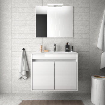 Badezimmer Badmöbel 60 cm aus glänzend weiß lackiertem Holz mit Porzellan Waschtisch und zwei Türen