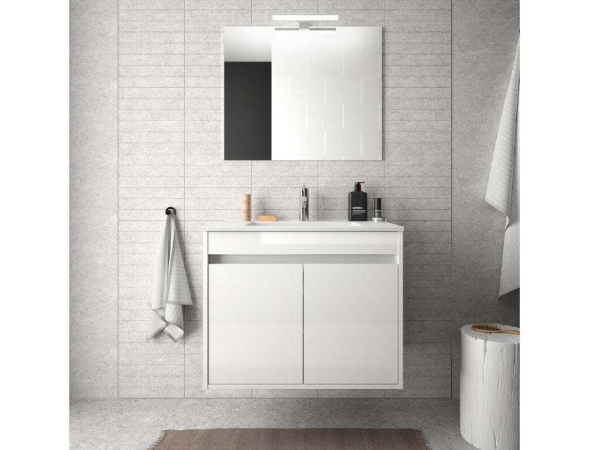 Badezimmer Badmöbel 60 cm aus glänzend weiß lackiertem Holz mit Porzellan Waschtisch und zwei Türen