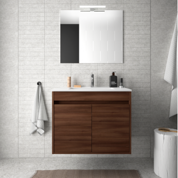 Badezimmer Badmöbel 60 cm aus glänzend weiß lackiertem Holz mit Porzellan Waschtisch und zwei Türen