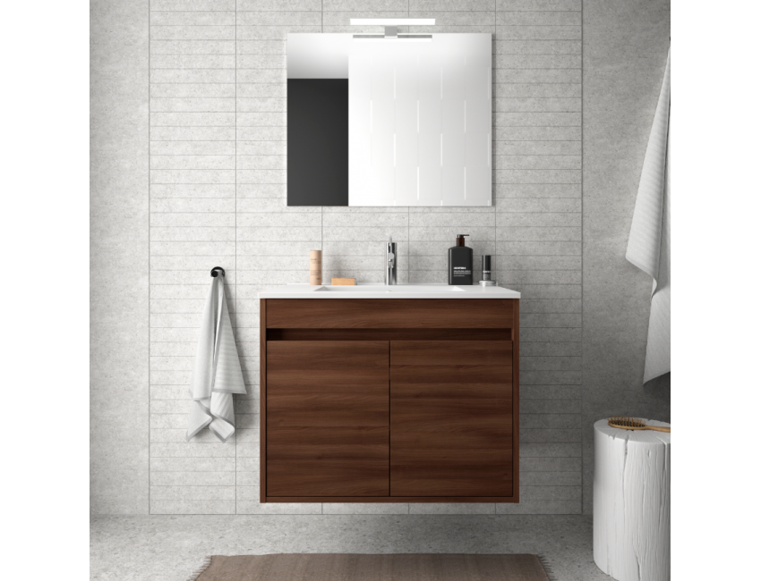 Mobile bagno sospeso 70 cm in legno laccato Bianco lucido con lavabo in porcellana e due ante