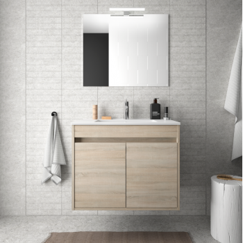 Mobile bagno sospeso 70 cm in legno laccato Bianco lucido con lavabo in porcellana e due ante